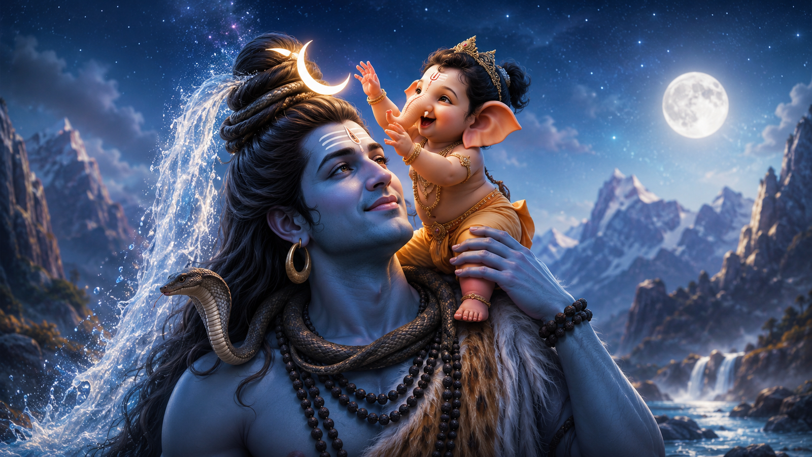 A playful digital illustration of infant Ganesha sitting on Shiva's shoulder, reaching for the moon in his hair.