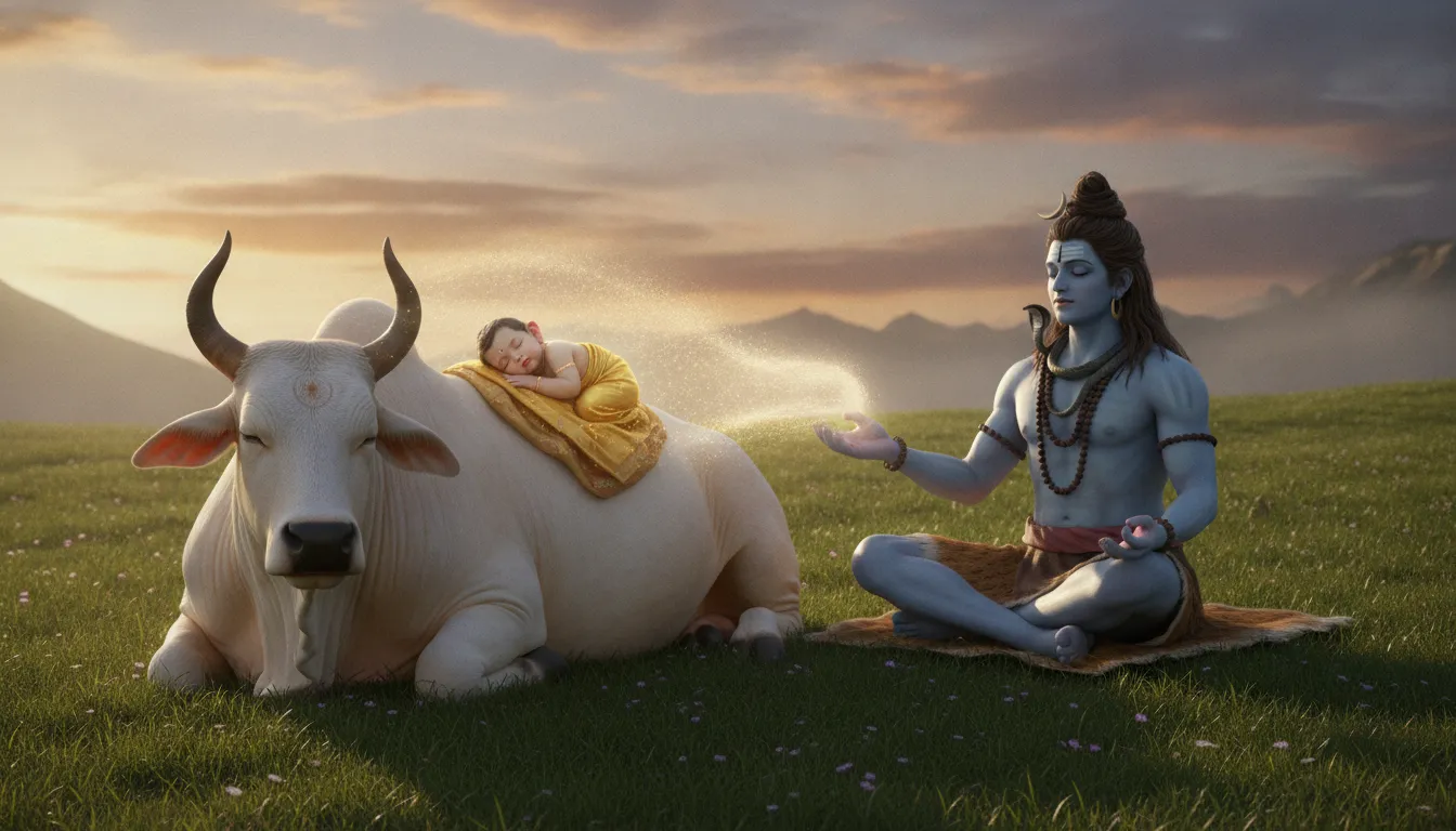 A cozy digital art of a small baby Ganesha sleeping on the back of Nandi bull while Lord Shiva watches over them.