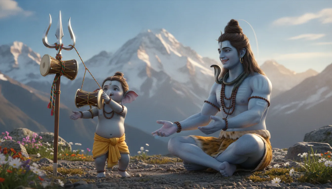 A vibrant artwork of baby Ganesha trying to lift the large musical damru instrument of Lord Shiva.