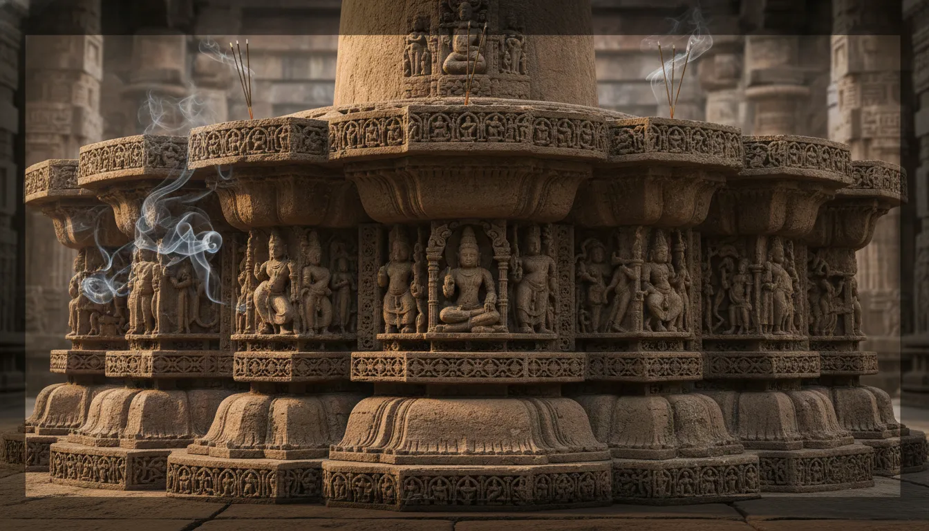 Rear view of an ornate temple shivling showcasing historical stone carvings and sacred patterns etched on the back side.