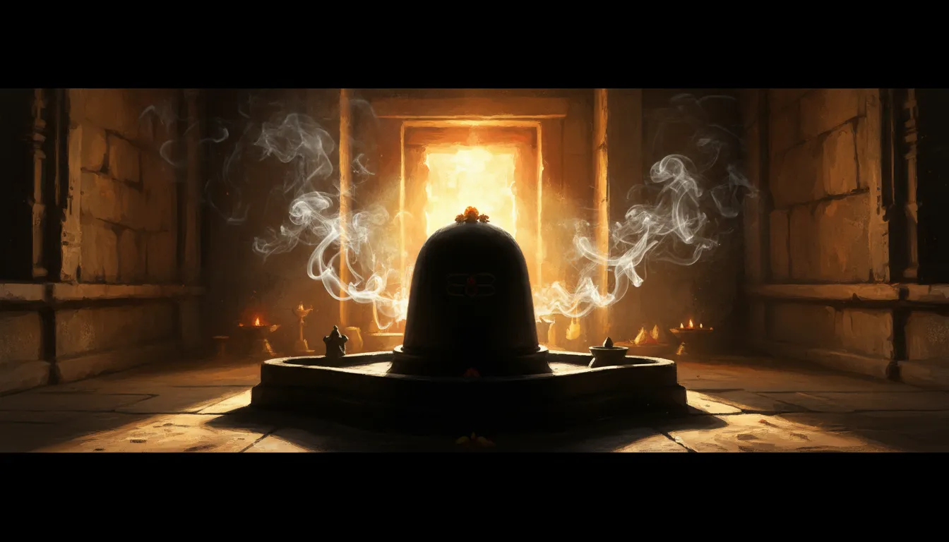 Artistic back side view of a temple shivling seen as a dark silhouette against the glowing front ritual lamps.