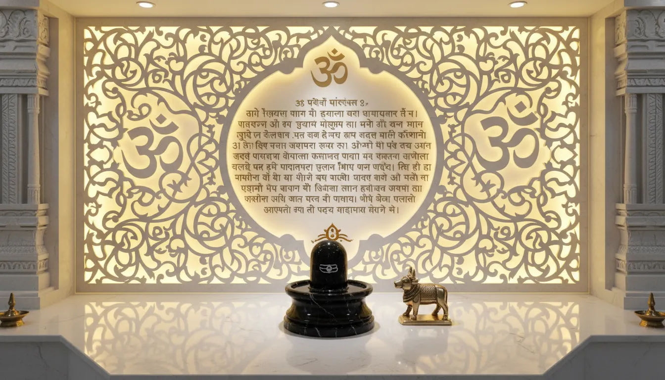 Designer CNC jali cutting mandir with a black Shivling and a small brass Nandi statue.