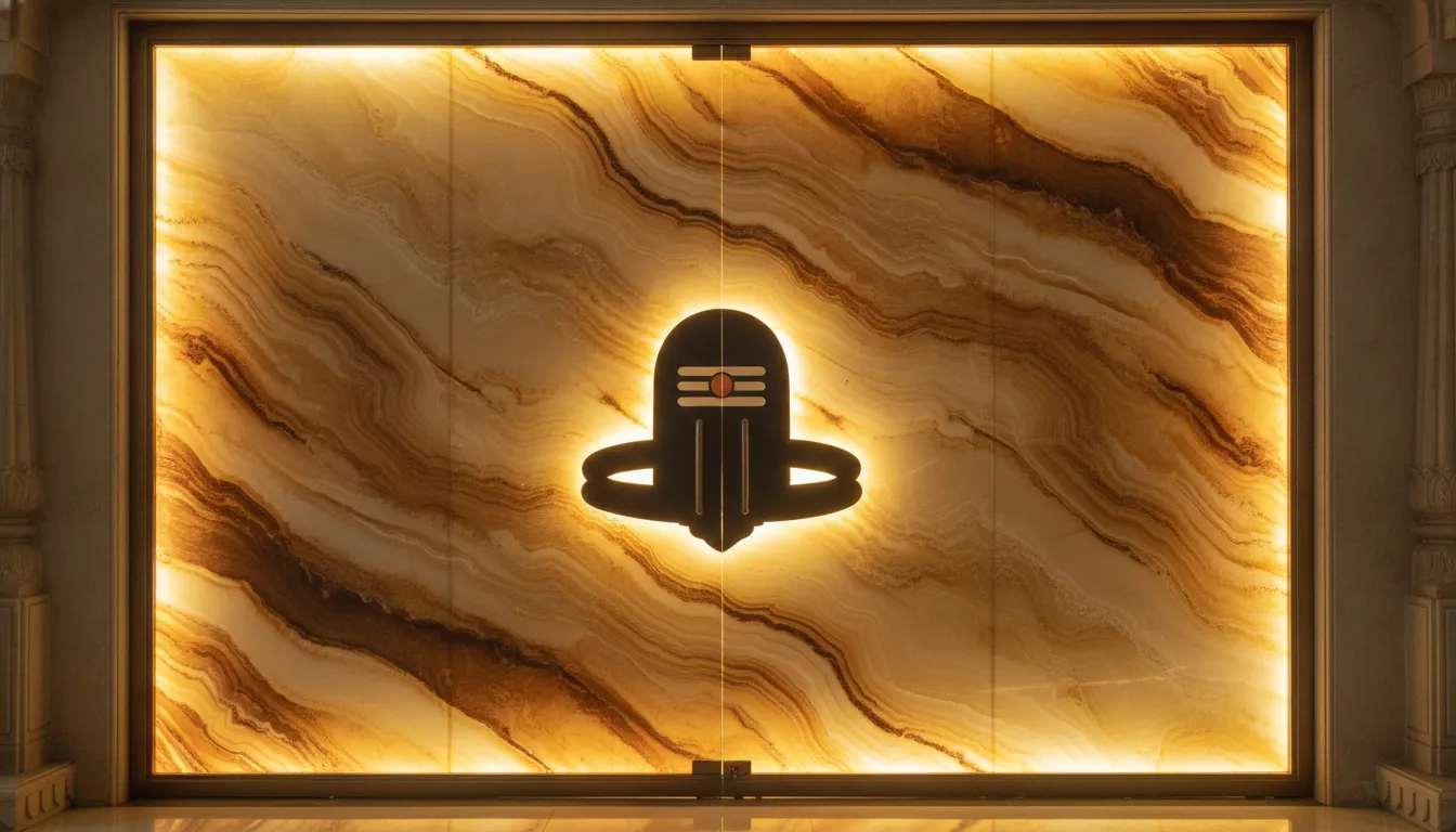 A luxury backlit glass door with an onyx stone pattern and a glowing, divine Shivling silhouette.