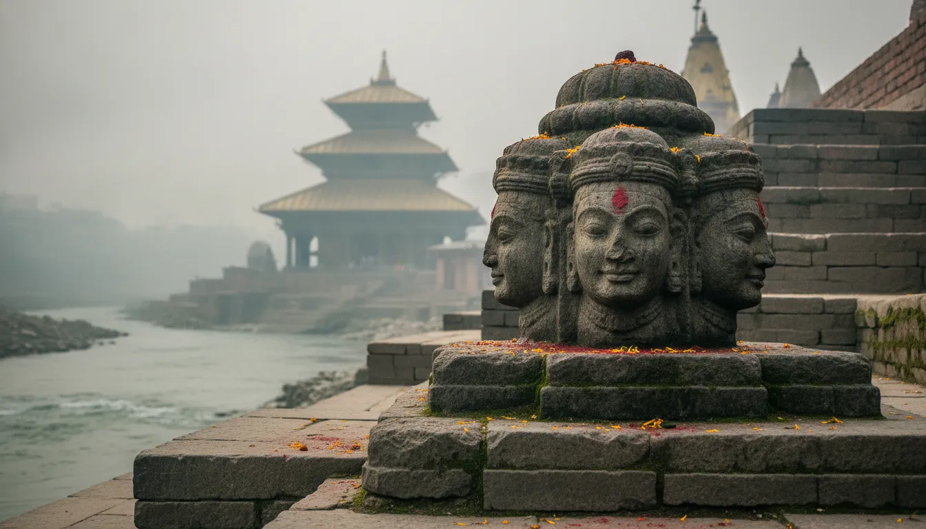 A sacred stone replica of Pashupatinath Shivling situated on the rocky banks of the holy Bagmati river in Nepal