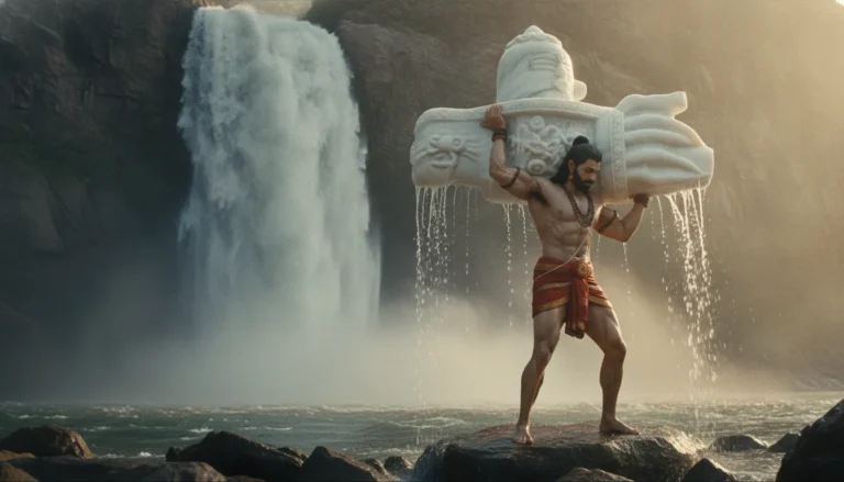 Bahubali 2 white colour shivling image showing Mahendra Bahubali lifting a massive white marble shivling on his shoulders in front of a giant cascading waterfall.