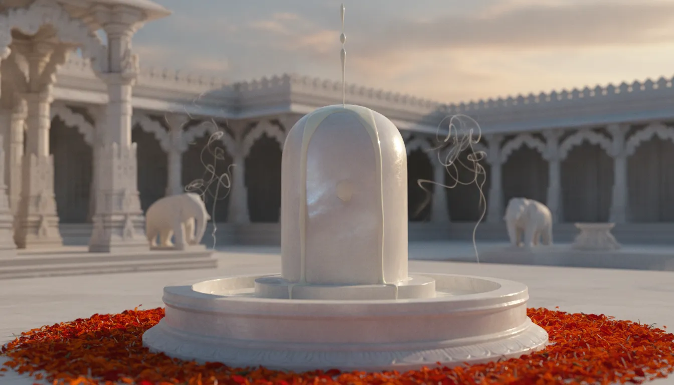 Cinematic Bahubali 2 white colour shivling image with milk pouring over smooth white stone during a royal sunset prayer.