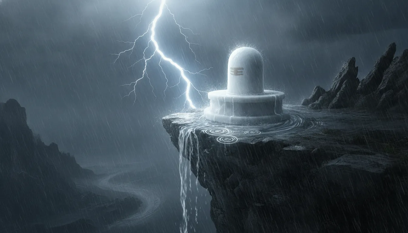 Bahubali 2 style white colour shivling image on a high mountain cliff during a dramatic lightning and thunderstorm storm.