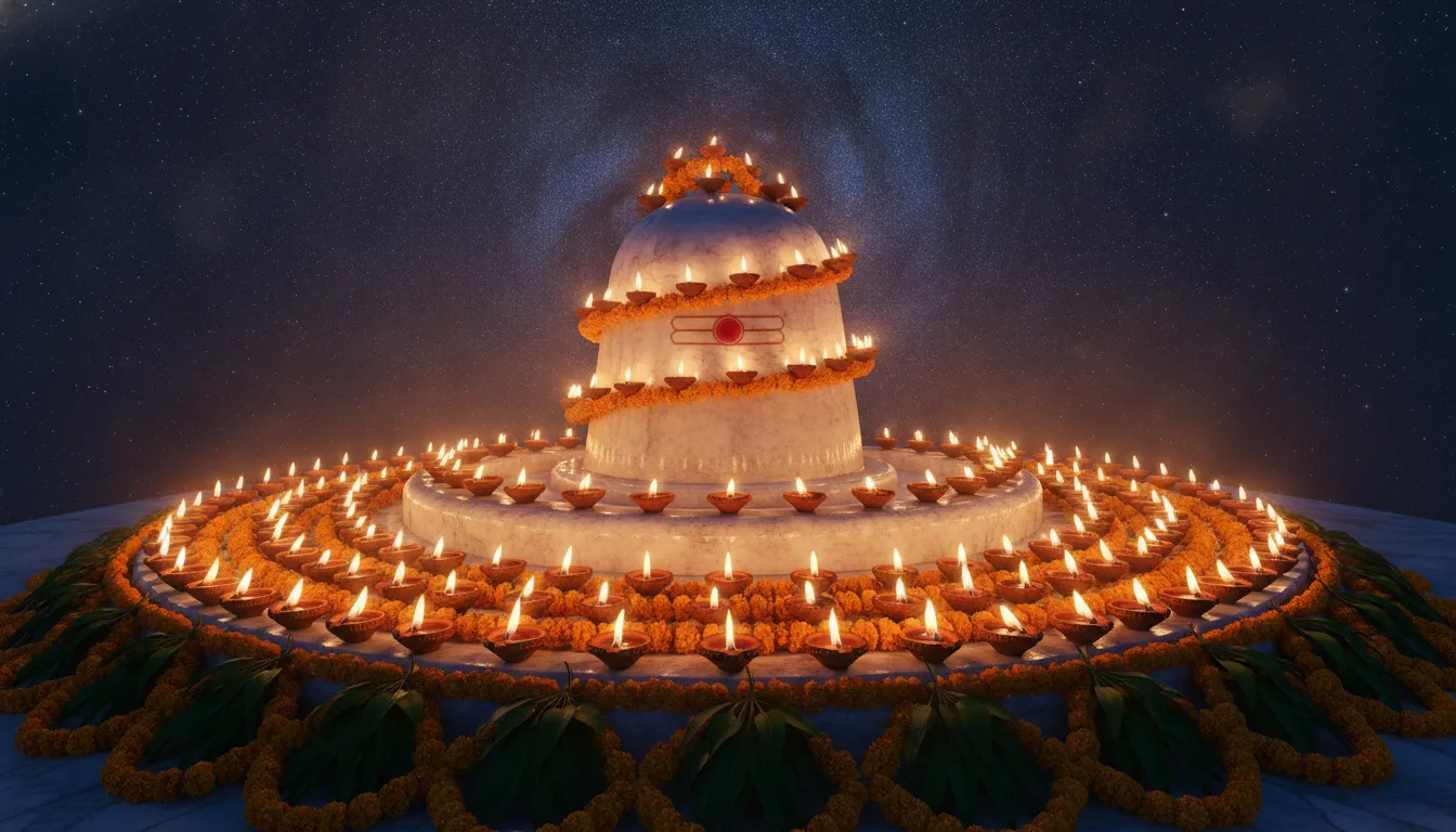 Bahubali 2 white colour shivling image illuminated at night by hundreds of glowing diya lamps during Mahashivratri.