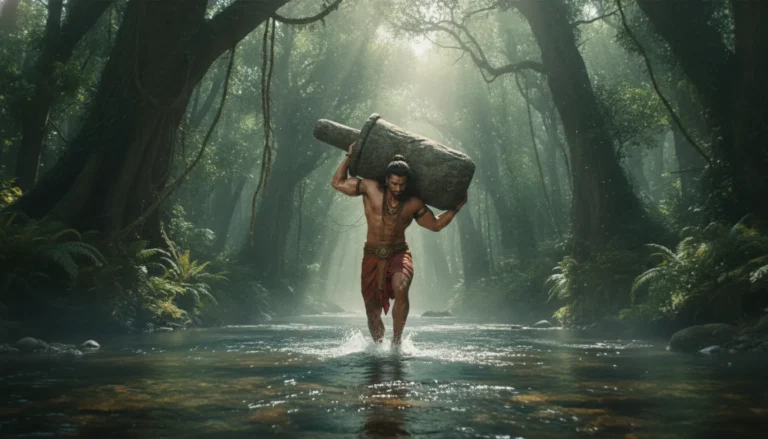 Bahubali lifting shivling hd images walking through a mystical jungle river stream