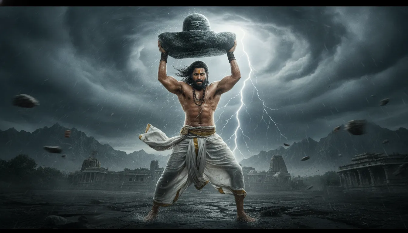 Epic fantasy image of Bahubali lifting shivling under a dark stormy sky with lightning