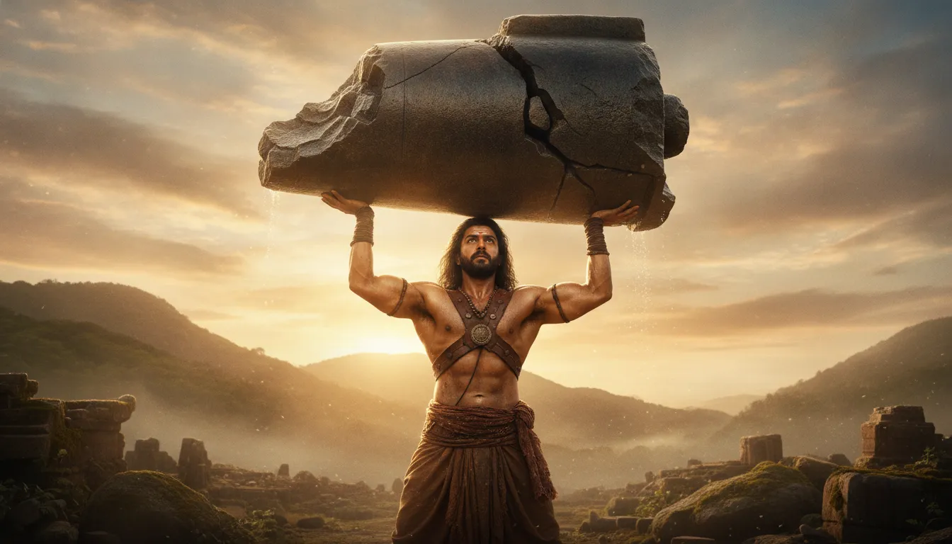 Bahubali lifting shivling hd images wrapped in warm golden cinematic lighting