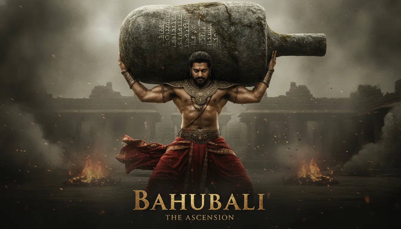 Movie poster style HD image of Bahubali lifting shivling with high contrast and details