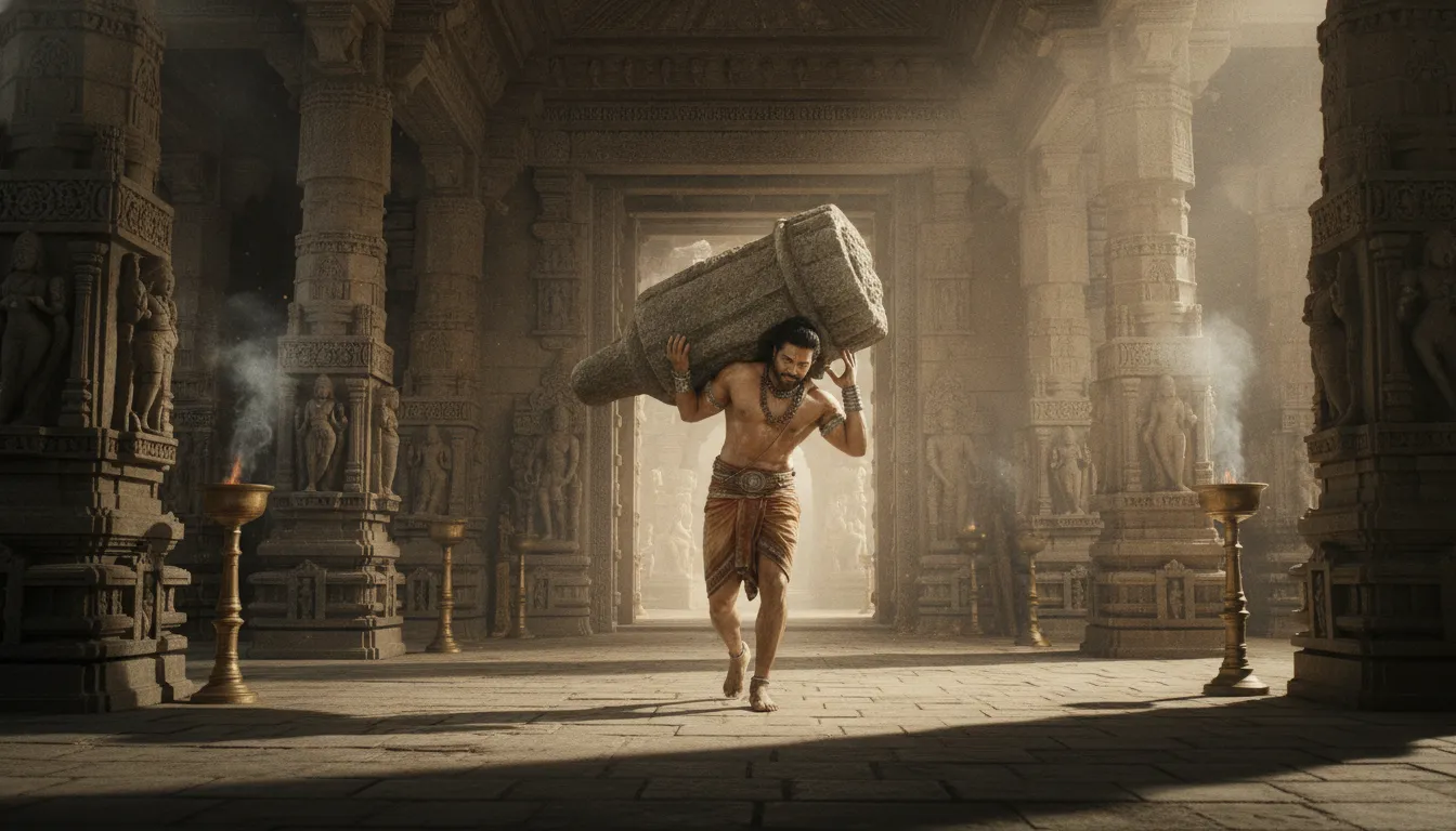 Bahubali lifting shivling hd images inside a grand ancient Indian temple courtyard