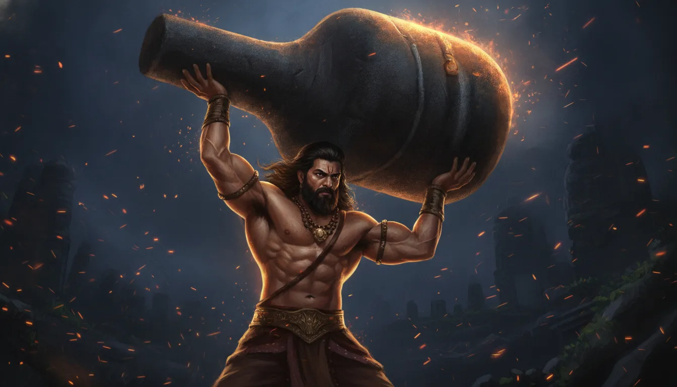 Action fantasy image of Bahubali lifting shivling with glowing fire particles in the air