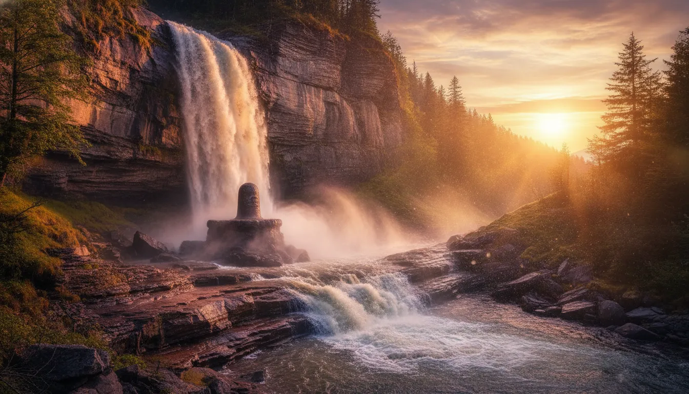 Majestic golden hour HD images of bahubali shivling at a waterfall