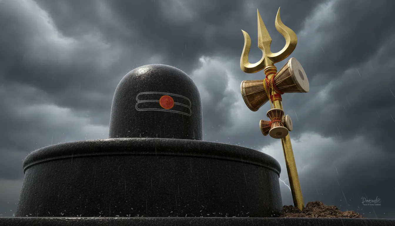 A majestic black stone Shivling guarded by a tall brass Trishul with a damru attached.