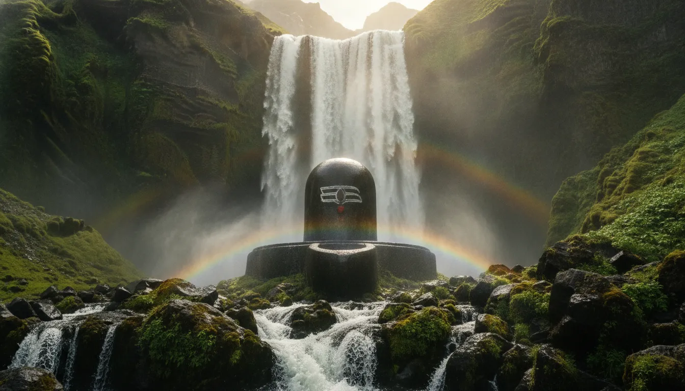 Bahubali shivling image featuring a giant stone lingam placed beneath a massive cascading waterfall in a cinematic landscape.