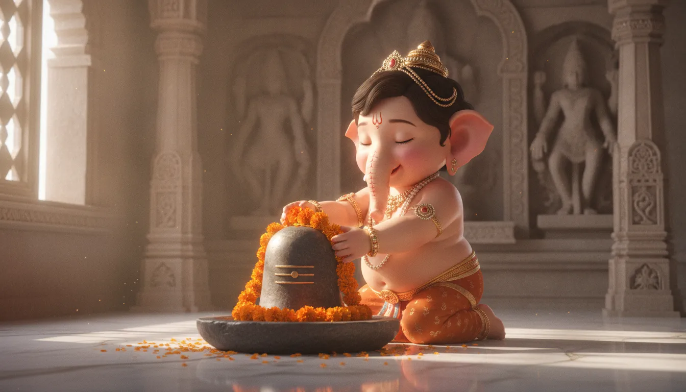 Beautiful images of bal ganesh with shivling decorated with marigold flowers.