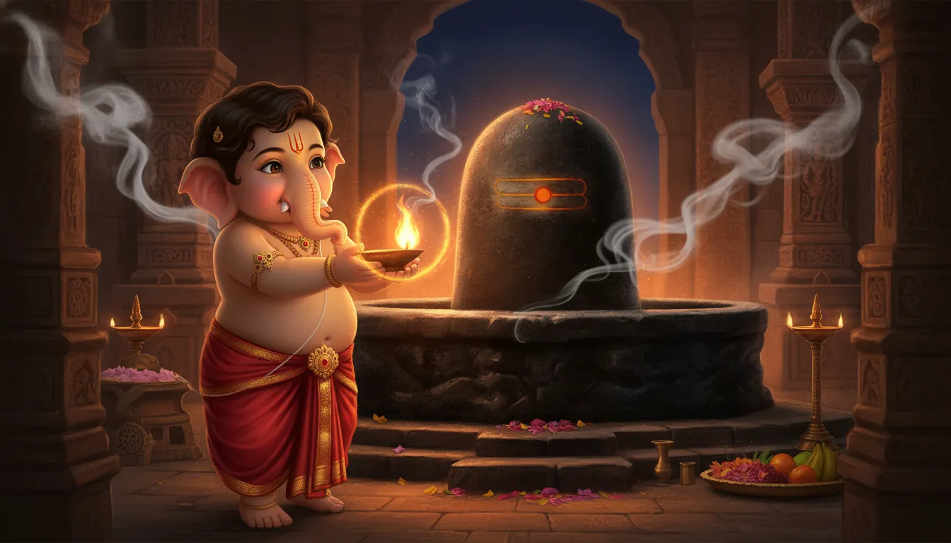 Divine images of bal ganesh with shivling performing traditional evening aarti.