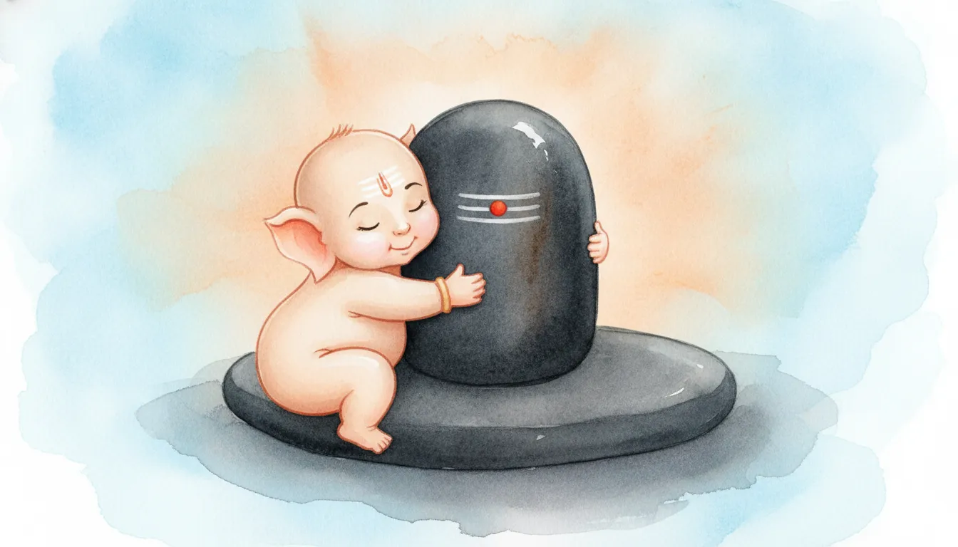Innocent child images of bal ganesh with shivling showing pure love.