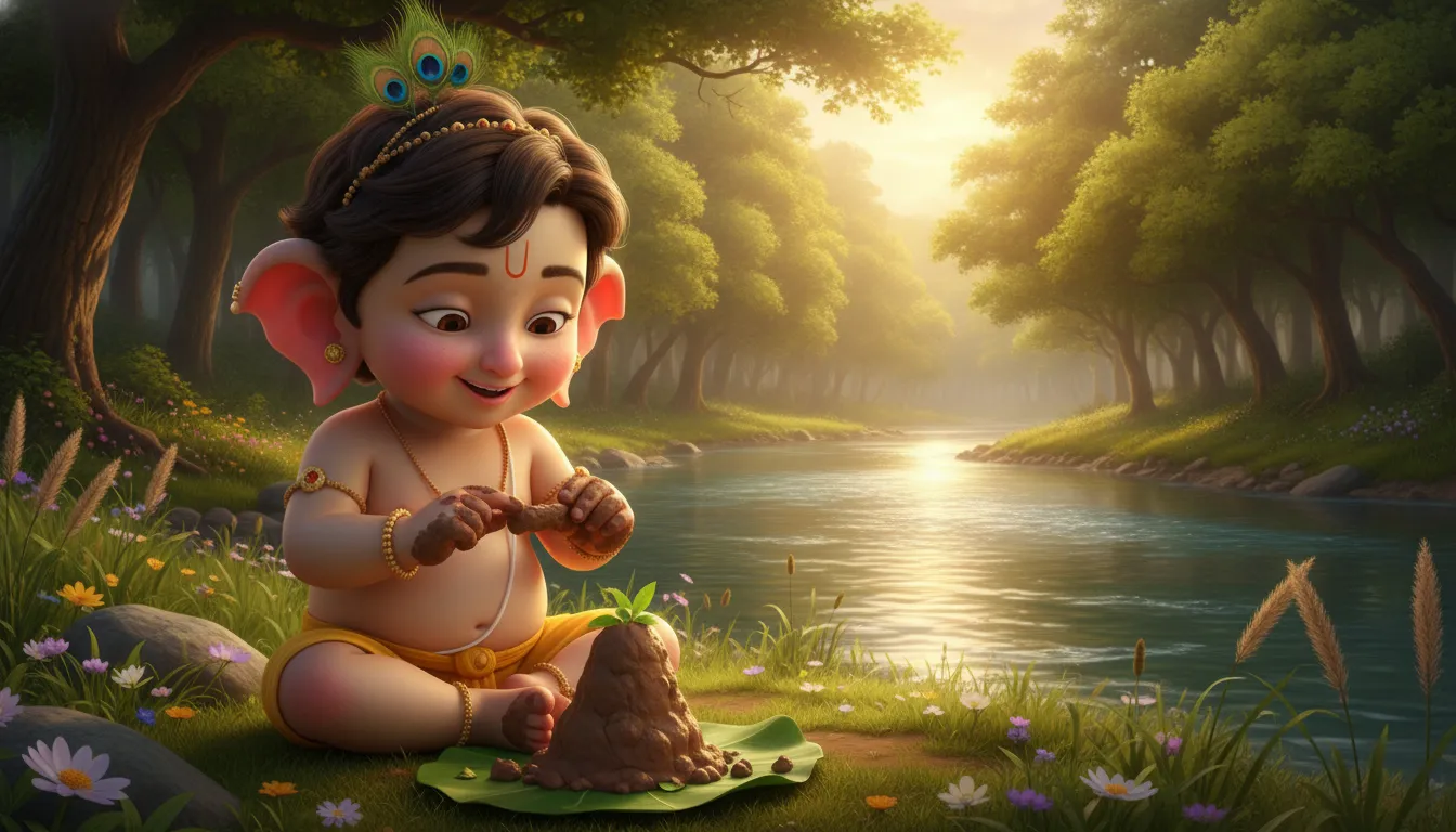 Creative images of bal ganesh with shivling handmade out of clay mud.