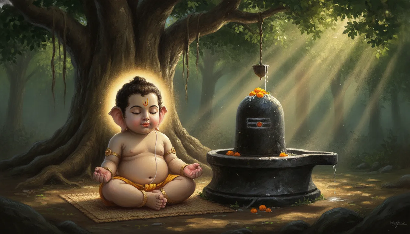 Peaceful images of bal ganesh with shivling meditating under a banyan tree.