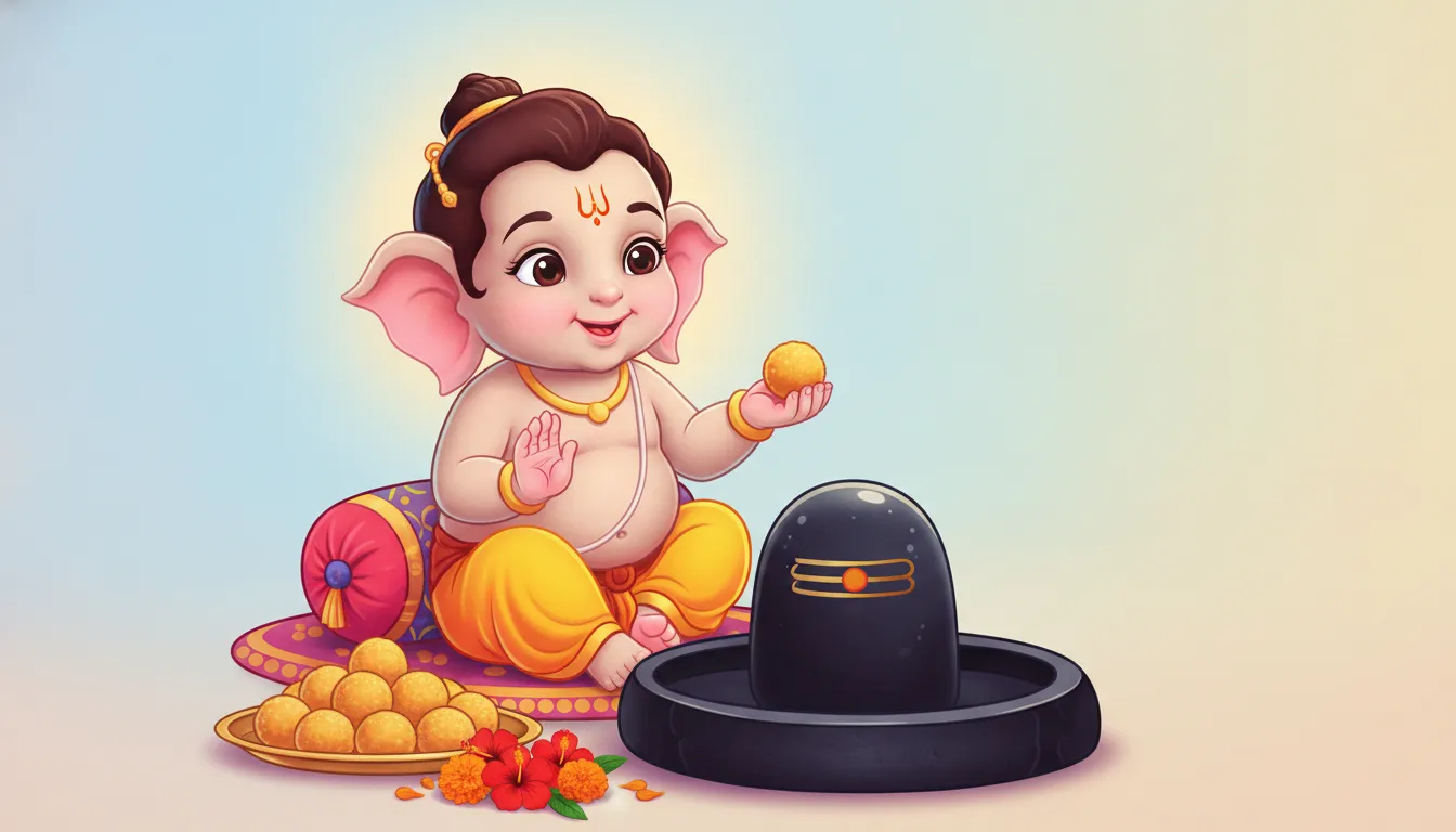 Cute child images of bal ganesh with shivling offering his favorite sweet modak.
