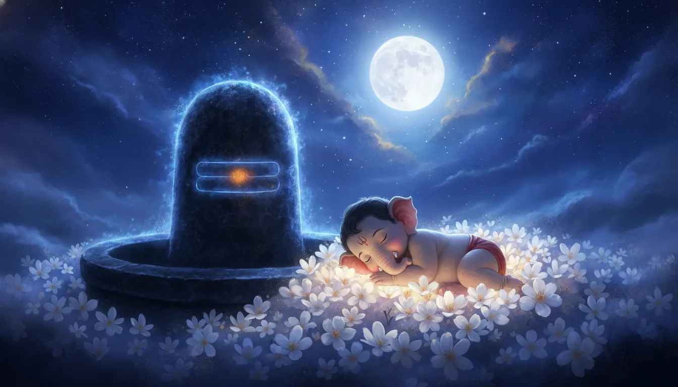Cute sleeping images of bal ganesh with shivling under a starry night.