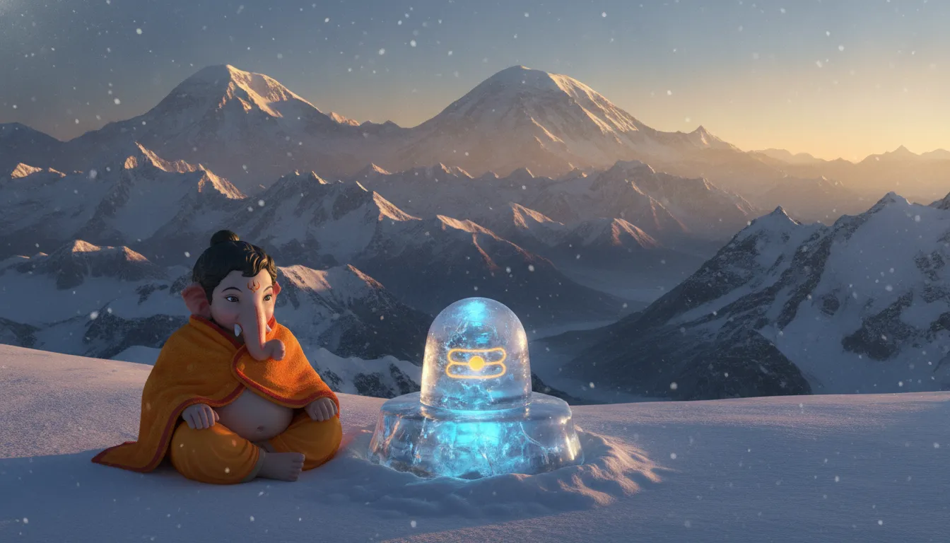 Spiritual images of bal ganesh with shivling in Mount Kailash snowy mountains.