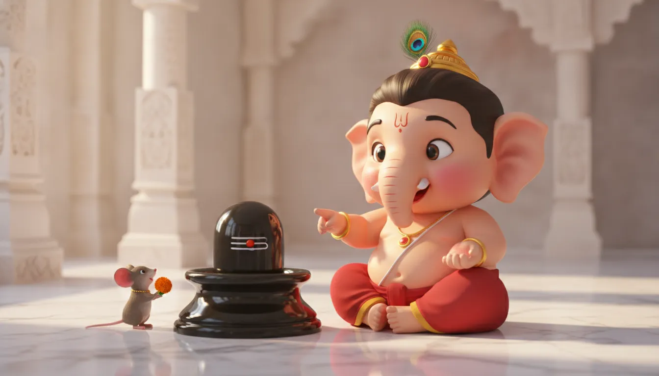 Playful images of bal ganesh with shivling and his little mouse vehicle mushak.