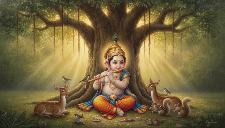 Cute illustration of child Ganesha sitting under a banyan tree playing a flute with forest animals around.