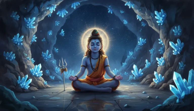 Bal Shiva sitting with eyes closed in a glowing blue cave filled with stars.