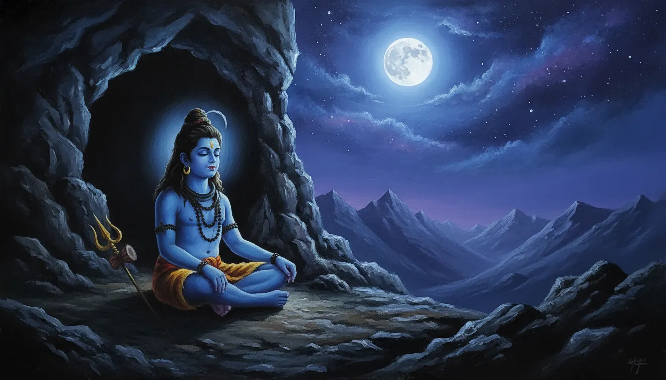 Child Shiva sitting at the mouth of a dark cave, looking up at a bright full moon.