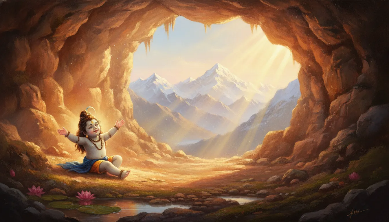 A young Lord Shiva stretching as he wakes up inside a cave during a beautiful golden sunrise.