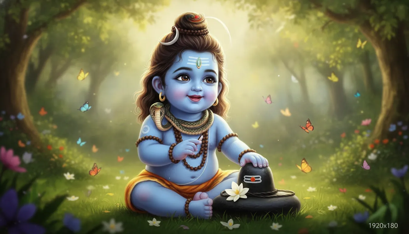 A sweet and divine artistic representation of a child-form Lord Shiva (Bala Shiva) smiling and playing next to a small Shivling.