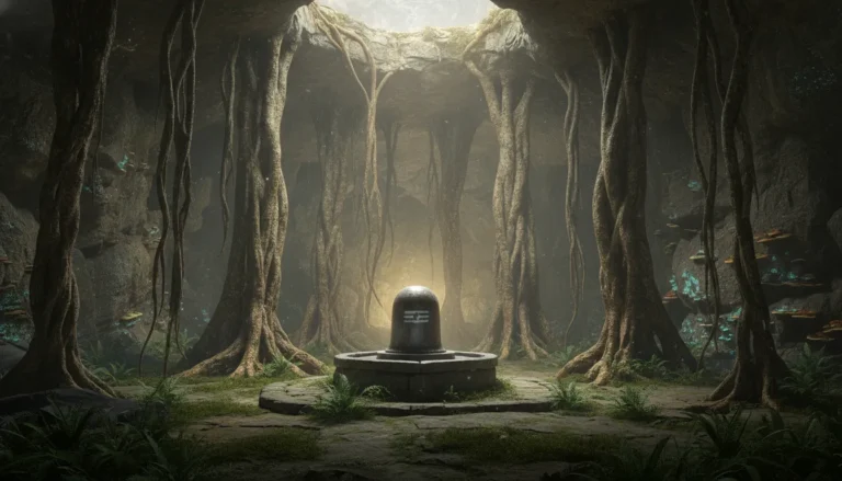 Thick roots of an ancient banyan tree growing down into a cave to protect a Shiva Lingam.
