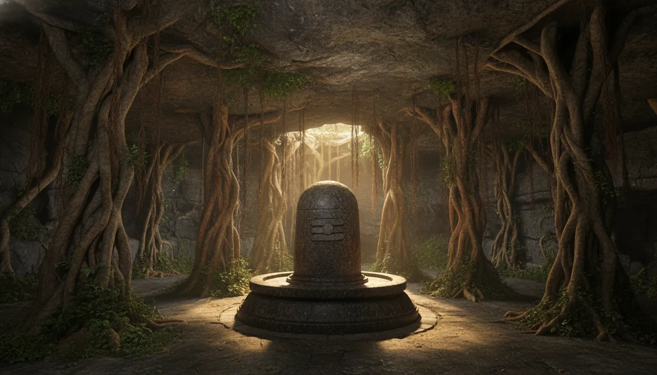 Massive tree roots descending from a cave ceiling to embrace a sacred Shiva Lingam.