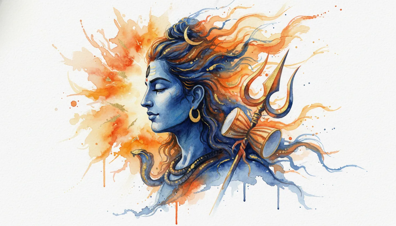 Colorful abstract watercolor painting of Lord Shiva with beautiful splashes of blue, orange, and gold.