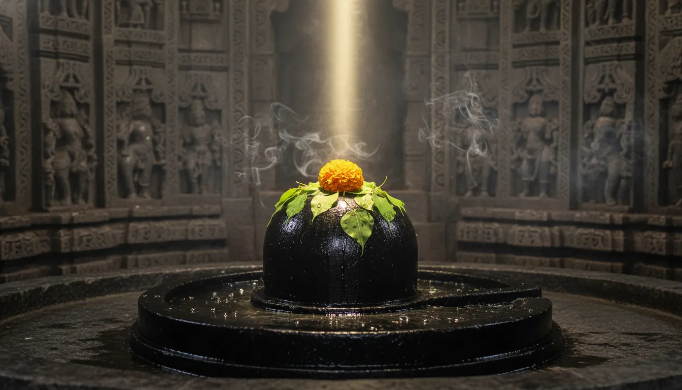 A sacred Shivling inside a traditional stone temple glowing with divine golden light.
