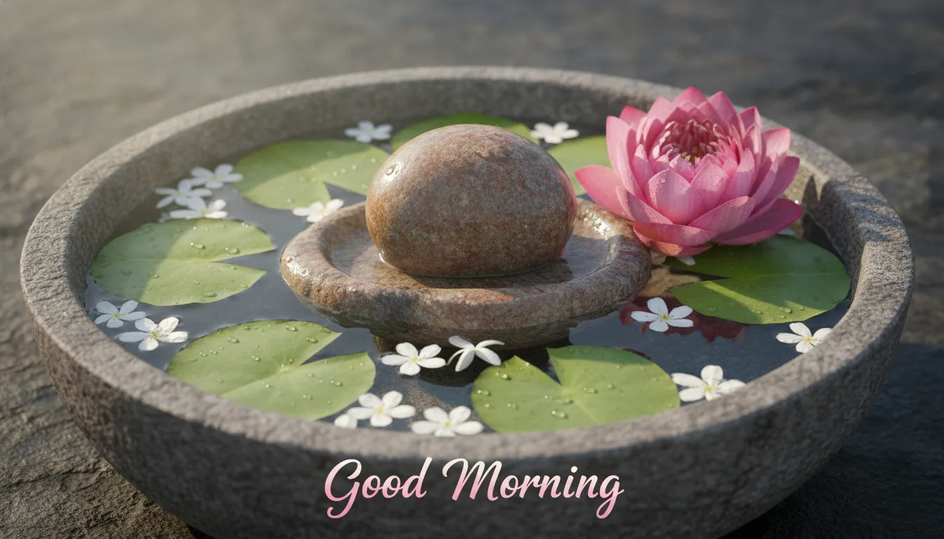 A pristine Narmada Shivling surrounded by a fully bloomed pink lotus in a water bowl for a vibrant good morning image with narmada shivling.