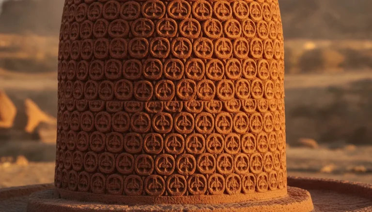 A beautiful unique shivling image intricately hand-carved out of orange desert sandstone at sunrise.