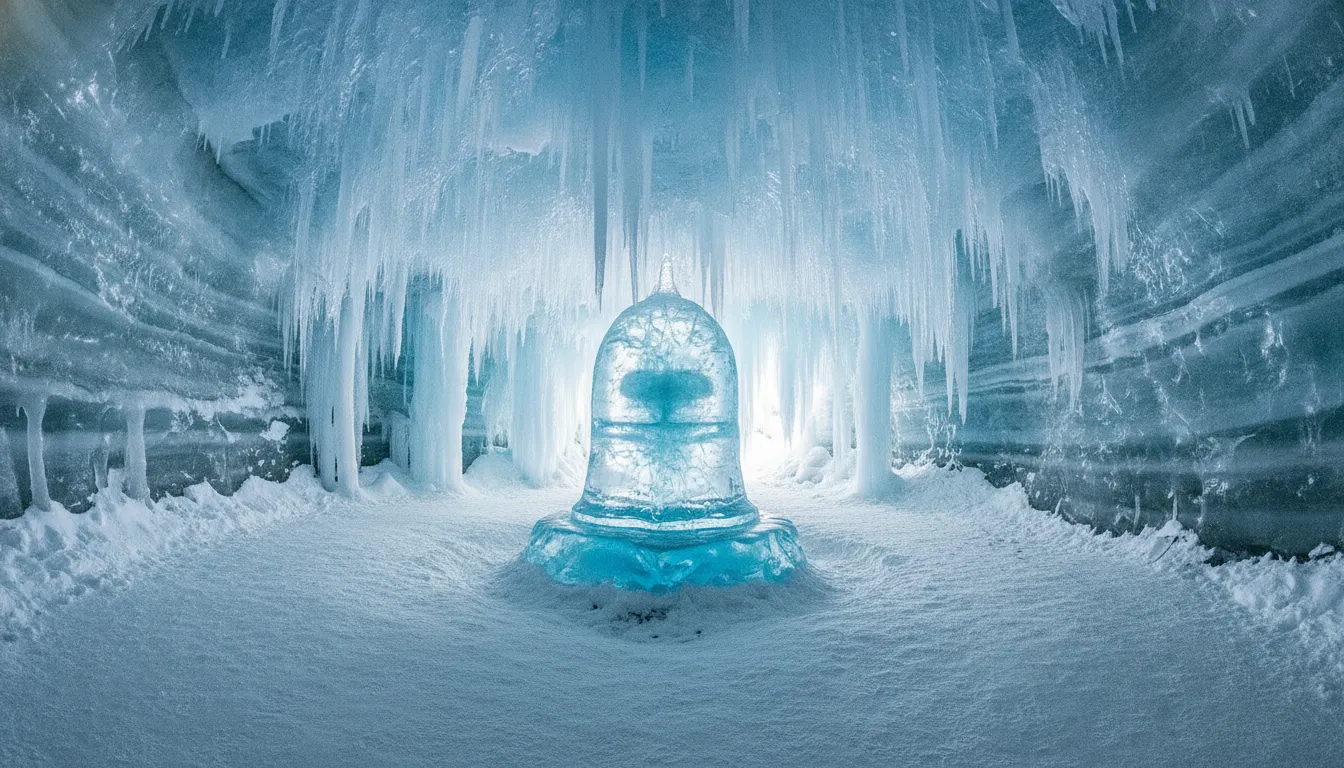 A beautiful unique shivling image formed of solid clear ice inside a snowy glacier cave.