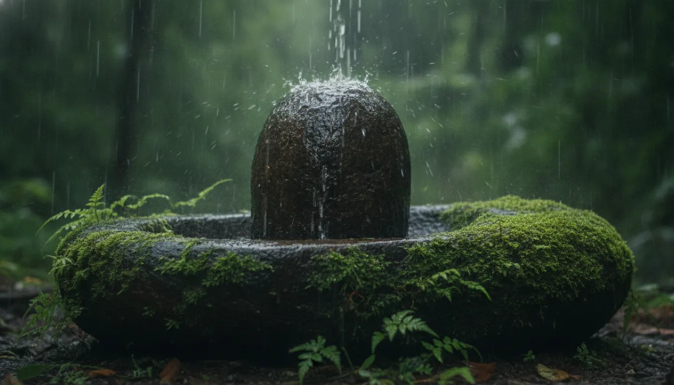 A beautiful unique shivling image of an ancient moss-covered stone surrounded by wild ferns during a monsoon rain.