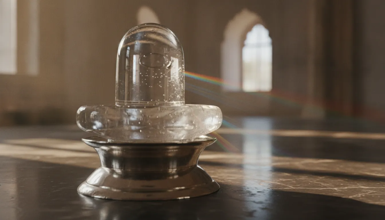 A beautiful unique shivling image featuring a flawless clear quartz crystal lingam refracting rainbow light rays.