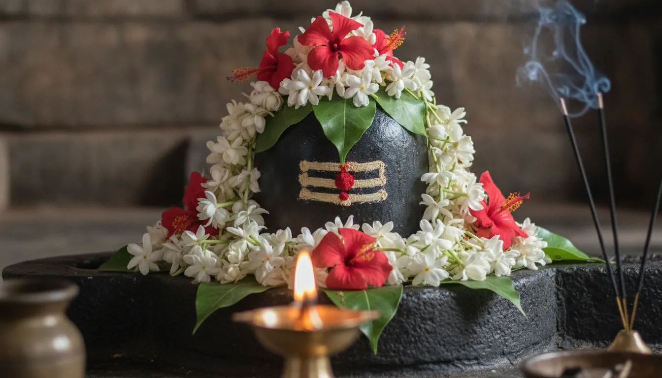A nicely decorated shivling image in hd with flowers during a traditional pooja.
