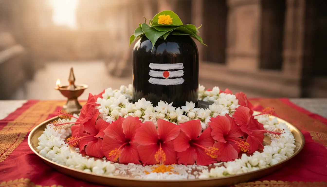 Black stone Shivling beautifully adorned with fresh Bilva leaves, white flowers, and red hibiscus.