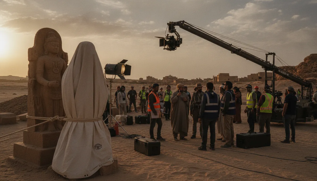 Film crew members managing the set decorations and safety covers near a temple.