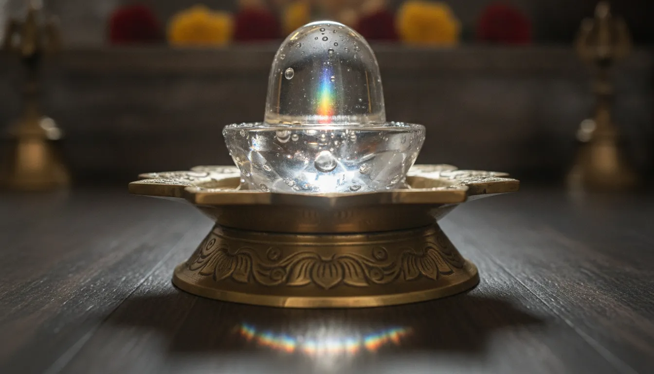 A stunning macro photograph of a perfectly transparent clear quartz crystal (Sphatik) Shivling resting on an ornate brass platform. The lens captures a brilliant beam of natural light passing directly through the crystal body, refracting it into a beautiful spectrum of subtle rainbow colors across the immediate floor. Tiny, crystal-clear water droplets rest on its glassy facets from a recent ritual, emphasizing its absolute purity, high vibrational energy, and premium visual depth.
