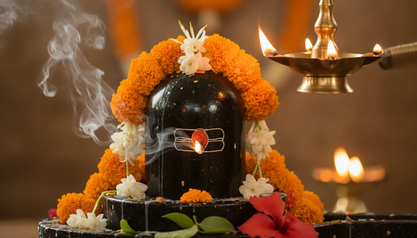 A close-up of the best images of shivling made of black stone decorated with fresh flowers during morning temple prayers.