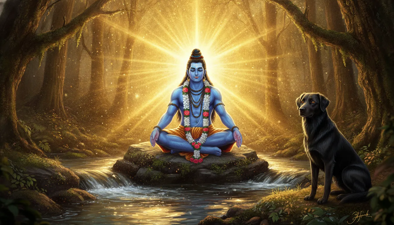 Lord Bhairava radiating a golden spiritual aura with his black dog in a mystical forest.